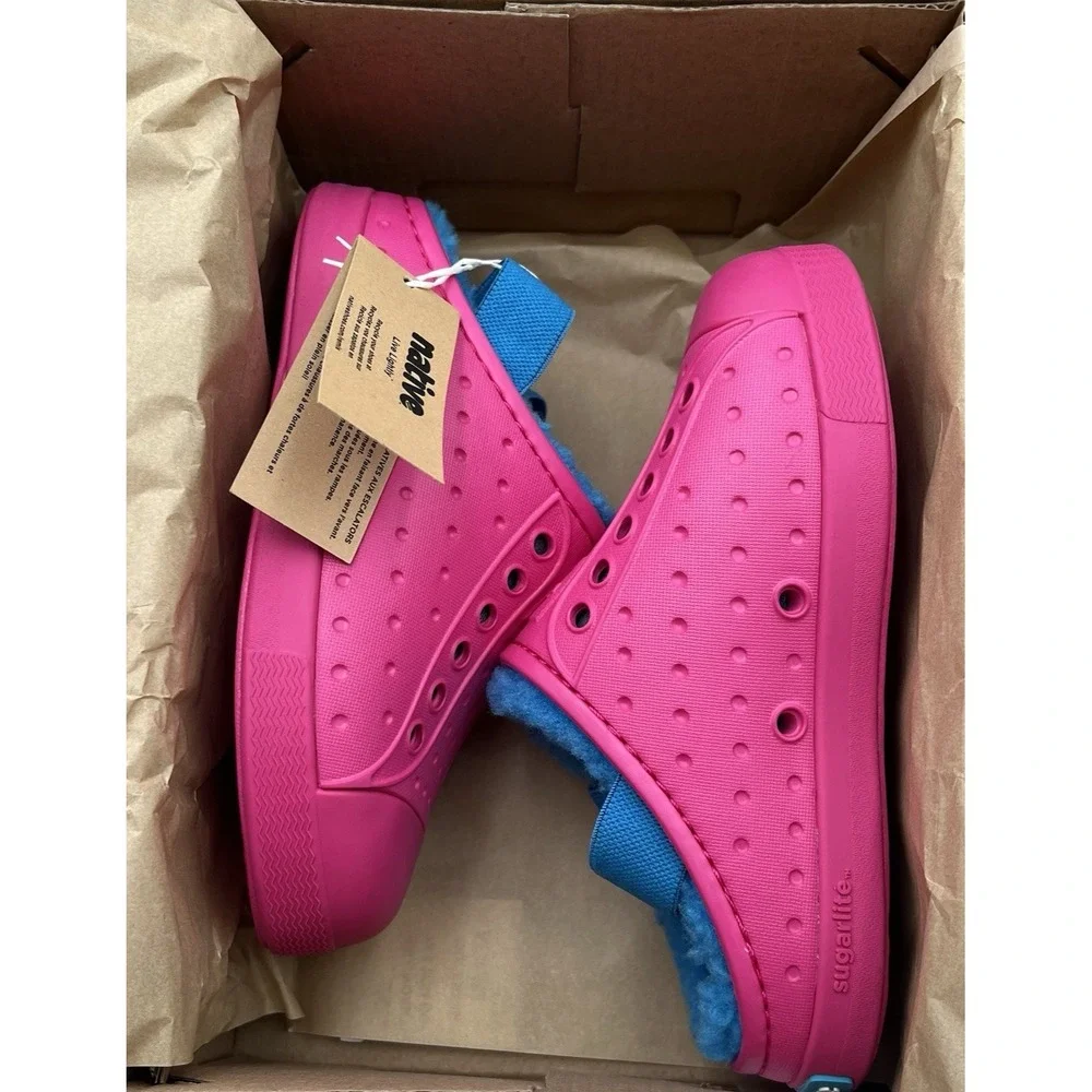 Native Toddler Girls Jefferson Cozy Glow Slippers Size 9 Pink Sky Blue Faux Fur